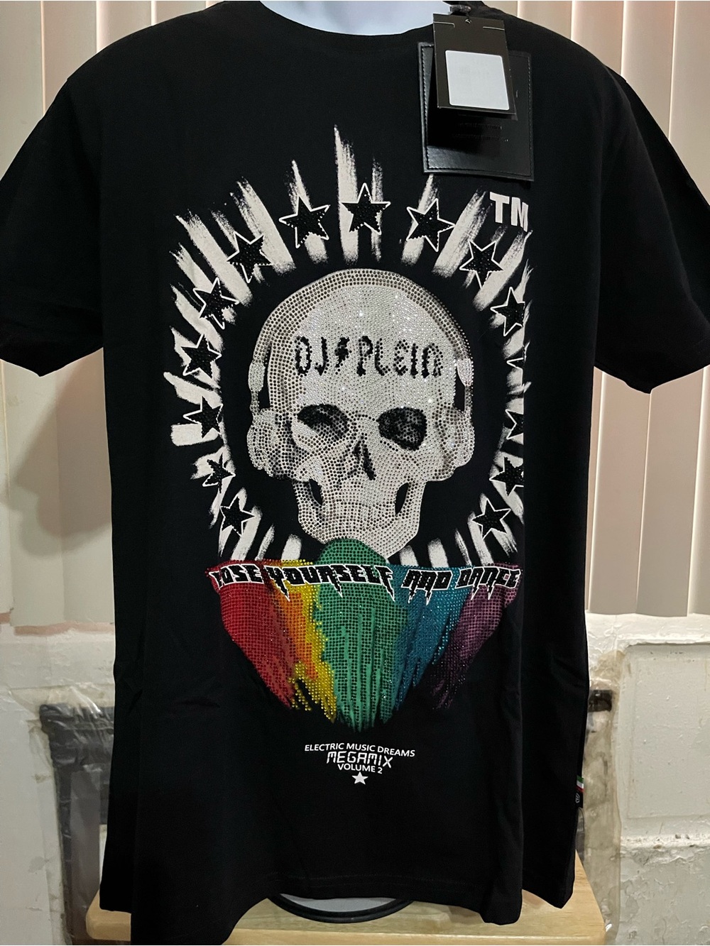 Philipp Plein Black Short-Sleeve Skull Tee with Multicolor Rainbow